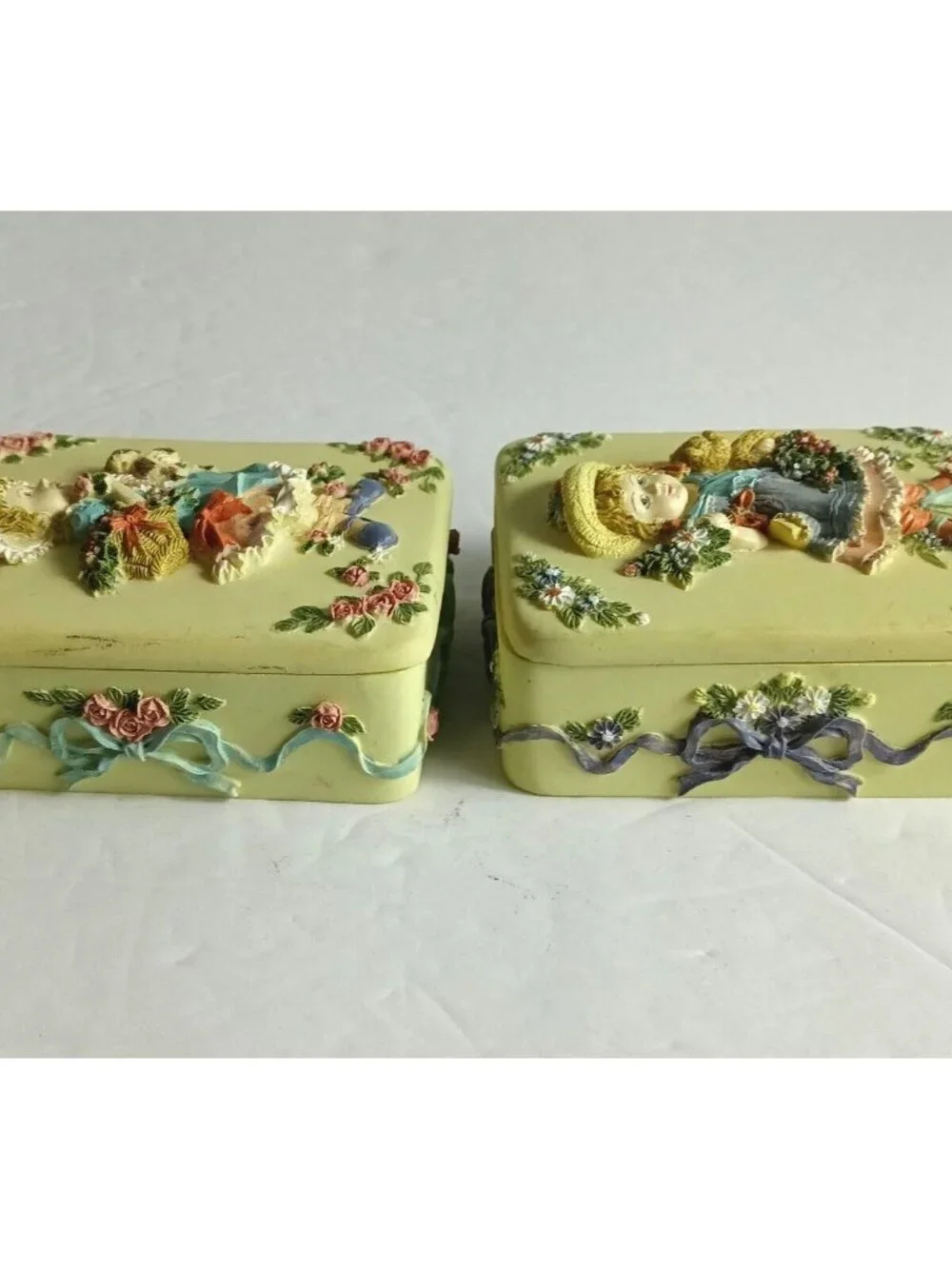 Pair of Vintage Yellow Rectangular Trinket Boxes with Raised Girl & Floral Desig